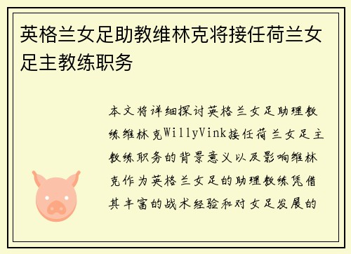 英格兰女足助教维林克将接任荷兰女足主教练职务