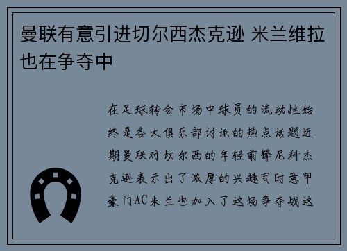 曼联有意引进切尔西杰克逊 米兰维拉也在争夺中