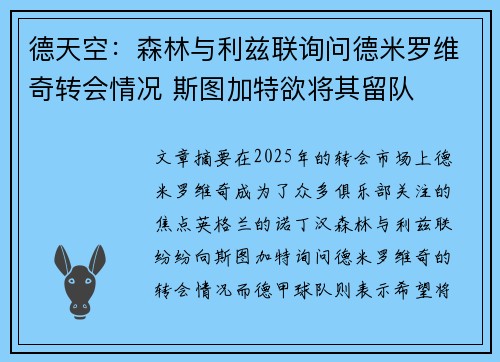 德天空：森林与利兹联询问德米罗维奇转会情况 斯图加特欲将其留队