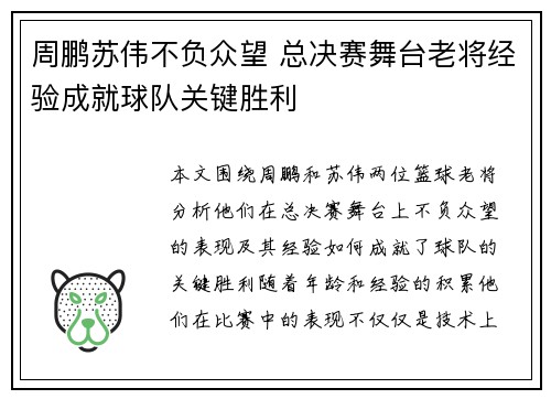 周鹏苏伟不负众望 总决赛舞台老将经验成就球队关键胜利